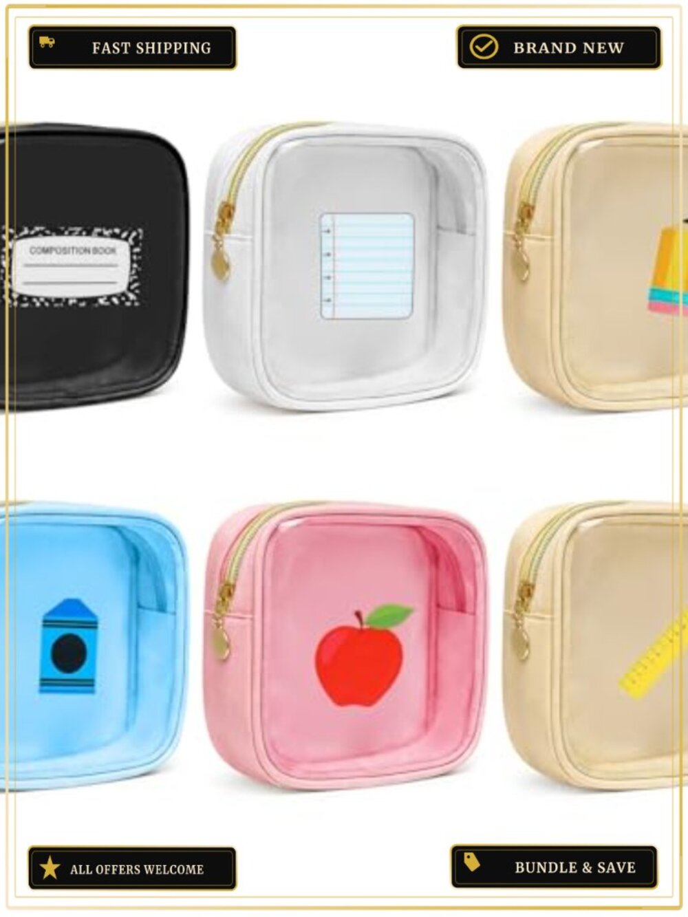 Set of 6 PVC Nylon Mini Makeup Bags with Gold Zippers, Portable Travel Cosmetic